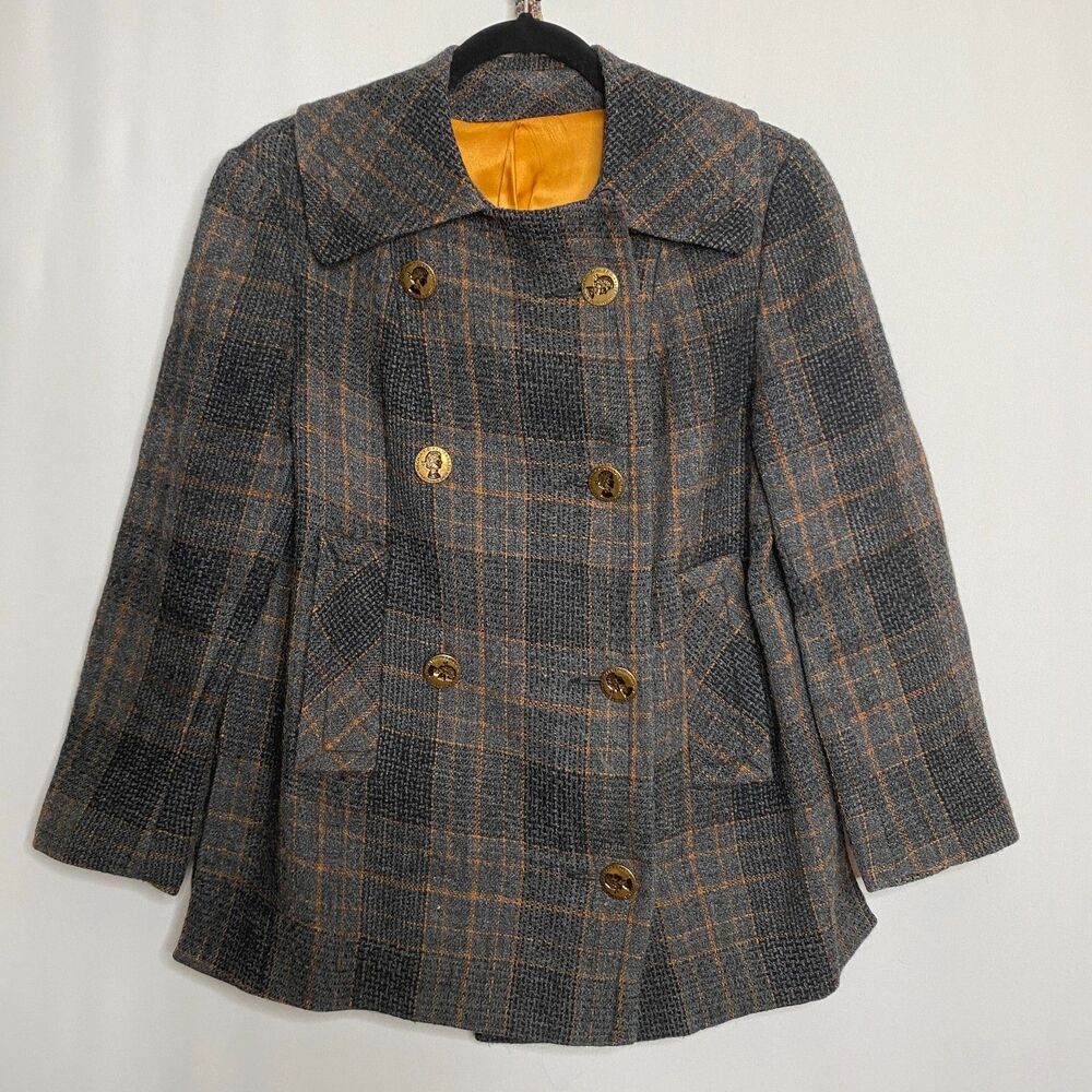 VTG Urban Suburban by Moordale Tweed Coat Gold Satin Lined High Split Side Large